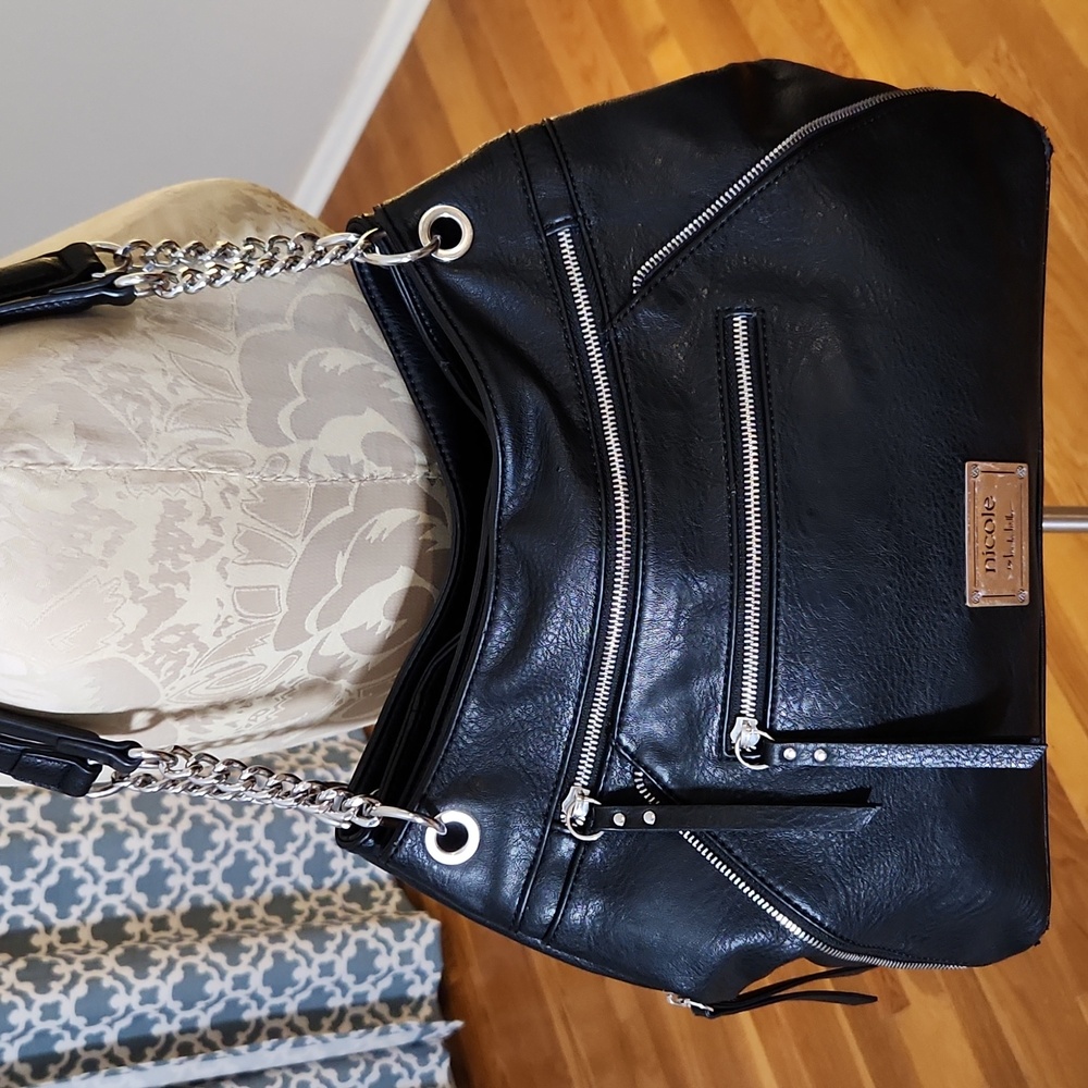 Nicole Miller Black and Silver Shoulder Bag with Chain Straps - Picture 13 of 16